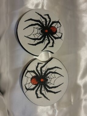 Halloween Spider Drink Coasters - White with Black & Orange Spider Design